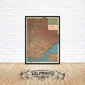 Mapa antigo da Riviera Francesa, Cote D'azur, Alpes do Sudoeste, 1907, reprodução fina, mapa grande, impressão de belas artes, impressão de mapa em tamanho grande