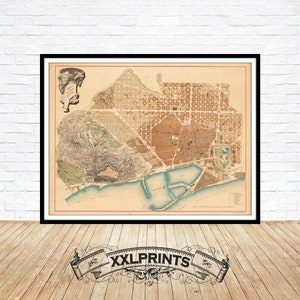 Plattegrond van de oude stad van Barcelona, 1891, antieke kaart, fijne reproductie, grote kaart, fine-artprint, antiek decor, extra grote kaartafdruk