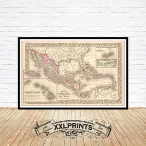 Oude kaart van Mexico, Midden-Amerika, West-Indië, 1874, antieke kaart, fijne reproductie, grote kaart, fine-art print, extra grote kaartafdruk