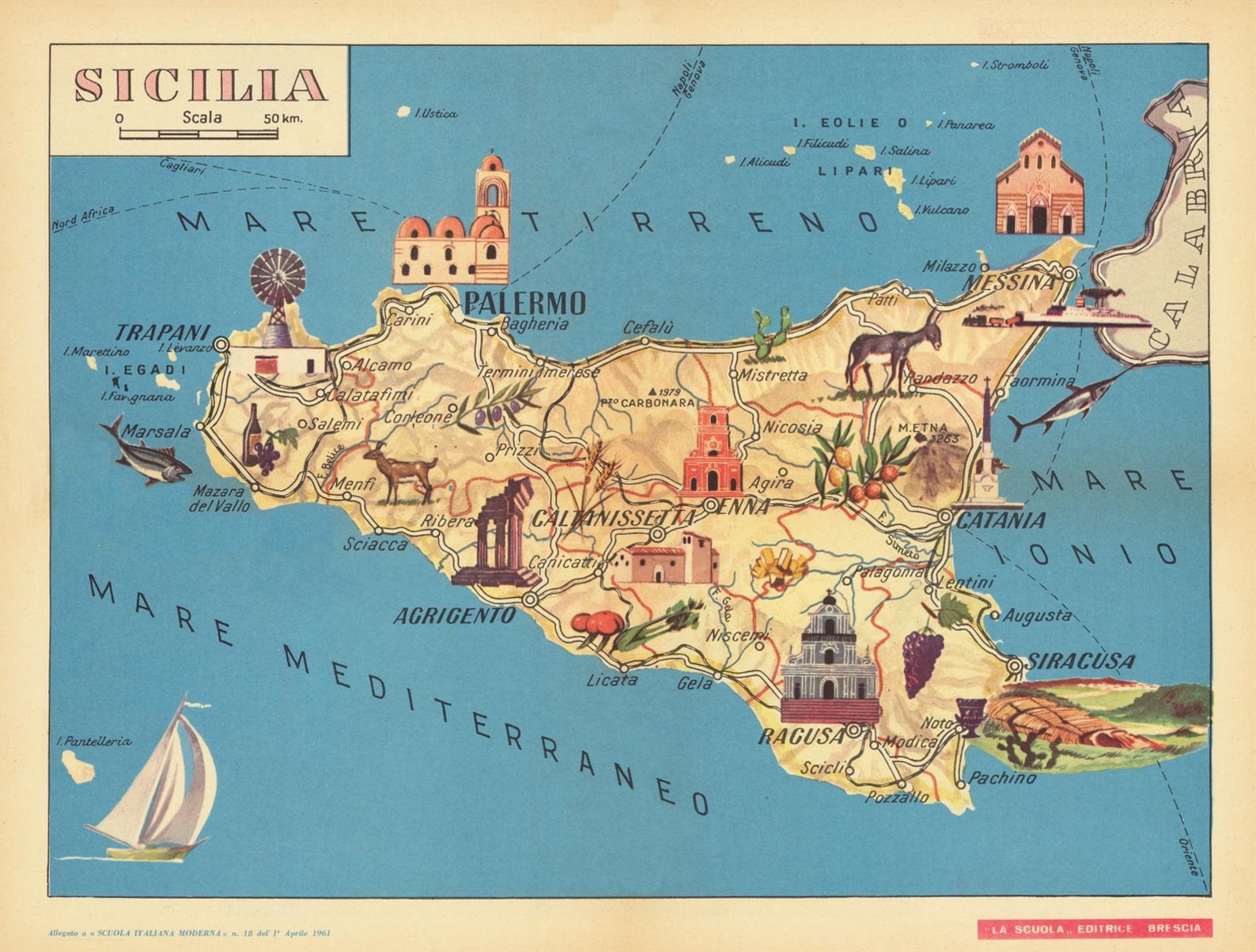 Old Pictorial Map Of Sicily 1961 Fine Reproduction Large Etsy