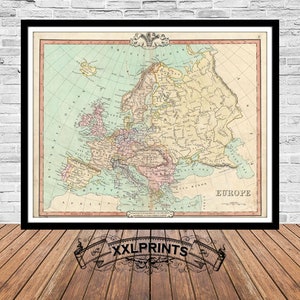 Old map of Europe, 1850, Cruchley&#39;s maps, fine reproduction, fine art print, antique decor