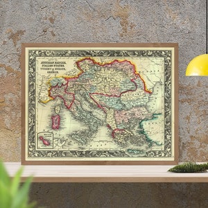 Antique Habsburg Monarchy Map Print, 1861 Austrian Empire Reproduction