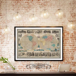 Antieke kaart van het menselijk ras, oude kaart van de wereldbevolking, vintage decor, kunstafdruk
