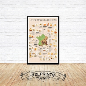 Carte des fromages de France, belle reproduction, grande carte, impression d'art, impression de carte surdimensionnée