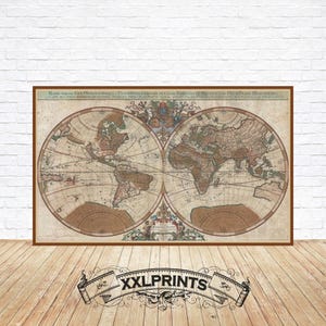 May include: An antique world map print with a brown frame. The map is in a vintage style with a cream background and brown lines. The map shows the continents of North America, South America, Europe, Asia, Africa, and Australia. The map is titled "Nova Totius Terrarum Orbis Tabula, Auctore Guiljelmo Blaeu, Amstelodami, 1645."