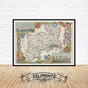 Puede incluir: Un mapa antiguo del condado de Middlesex, Inglaterra, con una ilustración detallada de las carreteras, ciudades y ríos de la zona. El mapa está rodeado de bordes decorativos e incluye imágenes insertadas de un puente y un edificio.