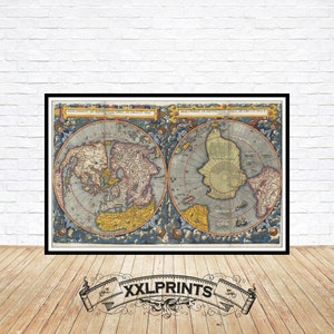 May include: A vintage map of the world with a focus on the Arctic region. The map is printed in shades of blue, brown, and yellow, and features detailed illustrations of ships and landmasses. The title of the map is "Tabula Nova Orbis Terrarum, ex Recentissimorum Navigantium Observationibus, ac Veterum Geographicorum Monumentis, Concinnata, Anno Domini 1600."