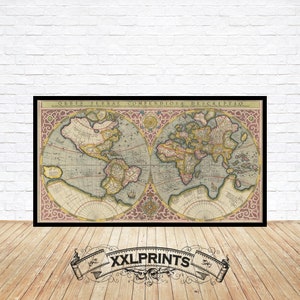 May include: A vintage world map print in a brown frame with a pink and gold border. The map is titled "Orbis Terrarum Compendiosa Descriptio".