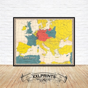 Oude kaart van Europa, 1939, antieke kaart, fijne reproductie, grote kaart, kunstafdruk, extra grote kaartafdruk