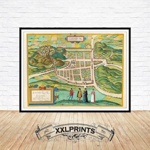 Ancienne carte d'Édimbourg, Écosse, 1580, plan de la ville antique, très rare, belle reproduction, grande carte, impression d'art, impression de carte surdimensionnée