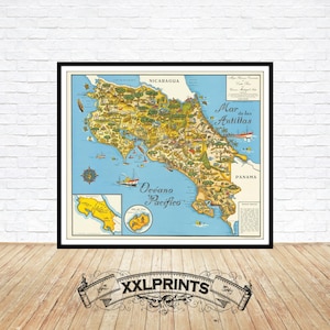 Costa Rica Map Art Print: 1950s Pictorial Map Reproduction