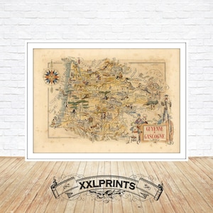 Mapa antiguo ilustrado de Guyena y Gascuña, 1951, provincias de Francia, reproducción fina, mapa grande, impresión de bellas artes, impresión de mapa de gran tamaño