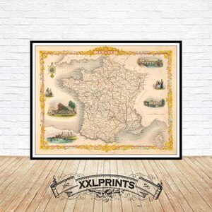 Mapa antigo da França, 1851, mapa antigo, reprodução fina, mapa grande, impressão de belas artes, impressão de mapa em tamanho grande