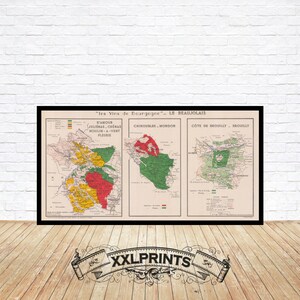 Mapa antiguo de los vinos de Borgoña, Le Beaujolais, 1953, mapa de viñedos, reproducción fina, mapa grande, impresión de bellas artes, impresión de mapa de gran tamaño