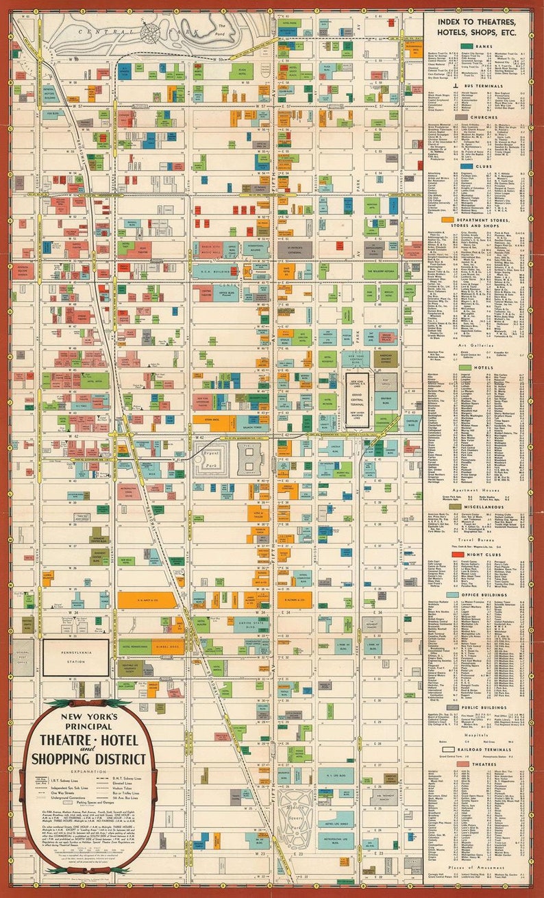 Old Map of Manhattan Theater District New York City 1939 Etsy UK