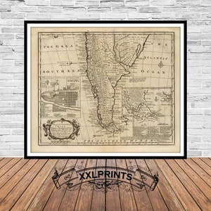 Antique map of Chile, Patagonia, Terra del Fuego, 1747, rare map,fine reproduction,large map,fine art print,antique decor,oversize map print