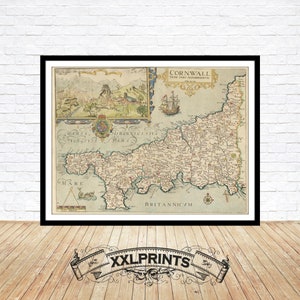 Mapa antiguo de Cornualles, 1607, extremadamente raro, condados del Reino Unido, reproducción fina, mapa grande, impresión de bellas artes, impresión de mapa de gran tamaño