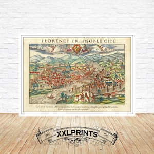 Alte Landkarte von Florenz, 1575, Vogelperspektive, antik, sehr seltene, feine Reproduktion, große Landkarte, hochwertiger Kunstdruck, antikes Dekor