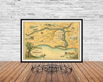 Può includere: Una mappa antica di Chicago del 1833. La mappa mostra la disposizione della città con strade, fiumi e punti di riferimento. La mappa è stampata su carta con un aspetto vintage.