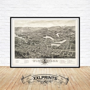Vogelperspektive auf Winchester, Mid Century County, 1886, feine Reproduktion, große Karte, Fine Art Druck, Übergröße Landkarte Print