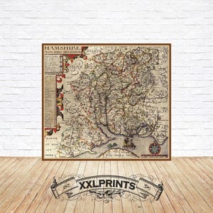Antica mappa dell'Hampshire, Inghilterra, 1610, vecchia mappa, bella riproduzione, arredamento antico, stampa artistica