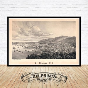 Vista aérea antiga de Charlotte Amalie, St. Thomas, Ilhas Virgens, 1875, reprodução fina, impressão de belas artes