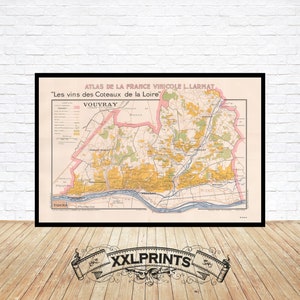 Mapa antiguo de los viñedos del Loira, 1946, mapa del vino, reproducción fina, mapa grande, impresión de bellas artes, impresión de mapa de gran tamaño