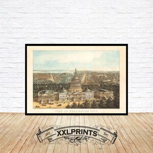 Antiek perspectief van Washington D.C., 1871, fijne reproductie, grote kaart, kunstafdruk, extra grote kaartafdruk