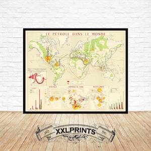 Old map of the World petroleum industry, 1958, fine reproduction, large map, fine art print, oversize map print