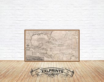 Antique map of West Indies (Florida, Mexico, Caribbean islands), 1732, huge map, antique decor, fine reproduction, vintage, fine art print