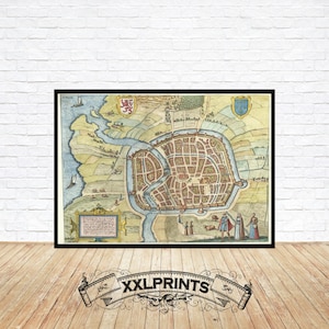 Oude kaart van Haarlem, Nederland, 1575, fijne reproductie, grote kaart, kunstafdruk, extra grote kaartafdruk