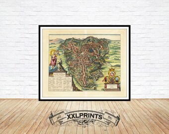 Siena, Tuscany, Italy - 1704 Aerial View - Fine Art Map Print