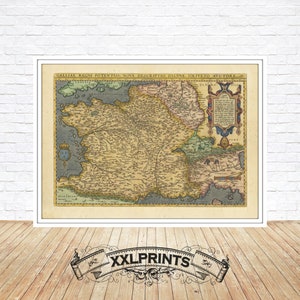 Mapa antiguo de Francia, 1581, antiguo mapa de las Galias, mapa muy raro, reproducción fina, mapa grande, impresión de bellas artes, decoración antigua, impresión de mapa de gran tamaño