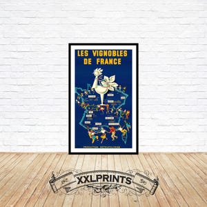 Alte Landkarte Frankreichs, Weinregionen, 1954, Weinberge, Feine Reproduktion, große Karte, Fine Art Print, Kunstdruck