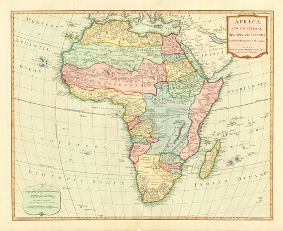 アフリカの古地図、1774年、希少、精巧な複製、大型地図、美術