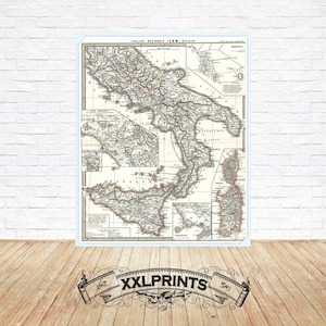 Antique map of Calabria, Napoli and Sicilia, 1865, antique decor, huge map, fine reproduction, vintage decor, fine art print