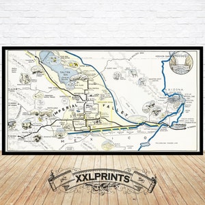 Oude geïllustreerde kaart van Imperial Valley, 1935, fijne reproductie, grote kaart, fine-artprint, extra grote kaartafdruk