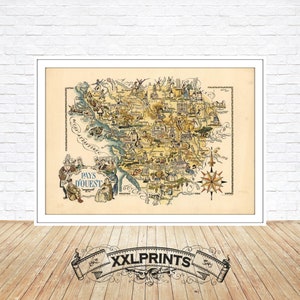 Antigo mapa pictórico da região de Pays De La Loire, 1951, Províncias da França, reprodução fina, mapa grande, impressão de belas artes, impressão de mapa em tamanho grande