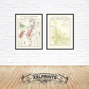 Bel ensemble de deux cartes des vins de Bourgogne, Côte de Nuits, Côte de Beaune, vignobles d'appellations Chablis, 1953, 28 x 20 pouces, 70 x 50 cm