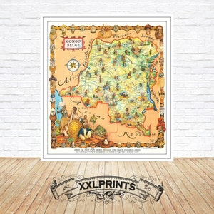 Old pictorial map of the Belgian Congo, 1951, fine reproduction, large map, fine art print, oversize map print