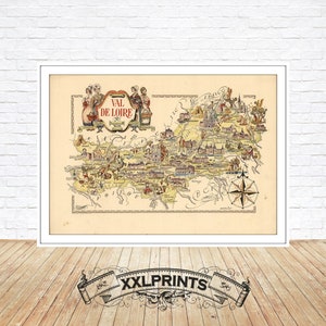 Oude kaart van de Loire-vallei, 1951, provincies van Frankrijk, fijne reproductie, grote kaart, fine-art print, extra grote kaartafdruk