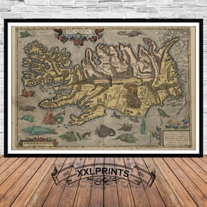 Carte ancienne de l'Islande, 1585, ancienne carte, monstres marins, belle reproduction, grande carte, impression d'art, décor antique, impression de carte surdimensionnée