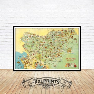Ancienne carte illustrée de la Slovénie, 1959, belle reproduction, grande carte, impression d'art, impression de carte surdimensionnée