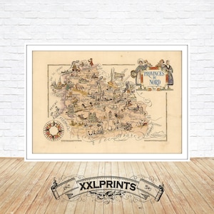 Mapa ilustrado antiguo del departamento de Nord, Francia, 1951, provincias de Francia, reproducción fina, mapa grande, impresión de bellas artes, impresión de mapa de gran tamaño