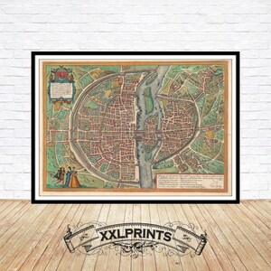 Mapa antiguo de París, Francia, 1572, plano de la ciudad, antiguo, muy raro, reproducción fina, mapa grande, impresión de bellas artes, decoración antigua, impresión de mapa de gran tamaño