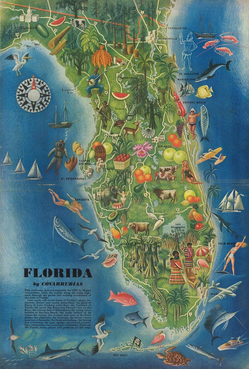 Old Pictorial Map of Florida 1946 Road Map Fine | Etsy