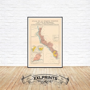 Antiguo mapa de vinos de Burdeos, Loupiac, Sainte Croix Du Monte, St Macaire, 1941, viñedos de Francia, reproducción fina, mapa grande, impresión de bellas artes