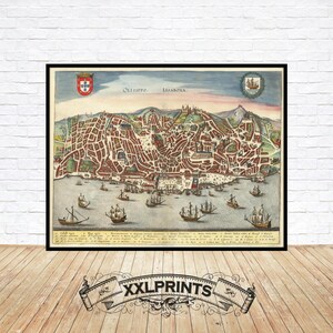 Alte Karte von Lissabon, 1636, antike Ansicht, äußerst seltene, feine Reproduktion, große Karte, Fine Art Druck, Übergröße Karte