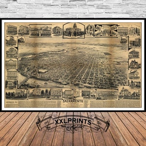 Antike Karte von Sacramento, 1890, alte Karte aus der Vogelperspektive, feine Reproduktion, antike Landkarte, Fine Art Print, antike Dekoration, Kunstdruck