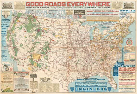 1926年アメリカ合衆国高速道路地図：希少なアンティークファインアート